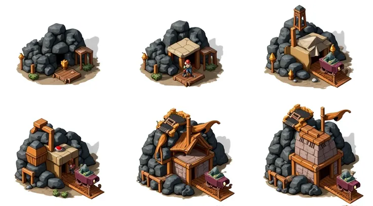 sequence of levels in a medieval quarry for RPG, place to remove stones, place to remove rocks, conceptual art, entrance to the quarry made of wood with a cart on top of a rail leaving the quarry, art in high definition.