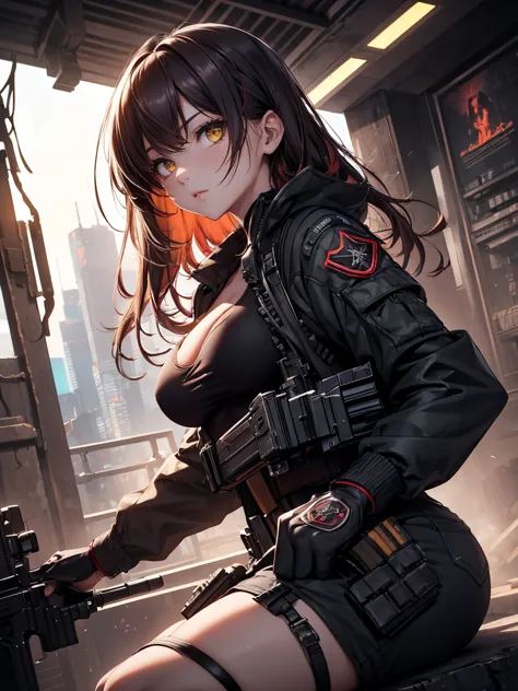 (Highest quality),(Ultra-high resolution),(Very detailed),(The best CG),(masterpiece),RAW Photos, 8k, ((Perfect hands, Perfect Anatomy)), (((holding machine gun))), yellow eyes, mysterious, , big eyes, Dark circles, pale skin, red hair, hair over the eyes,...