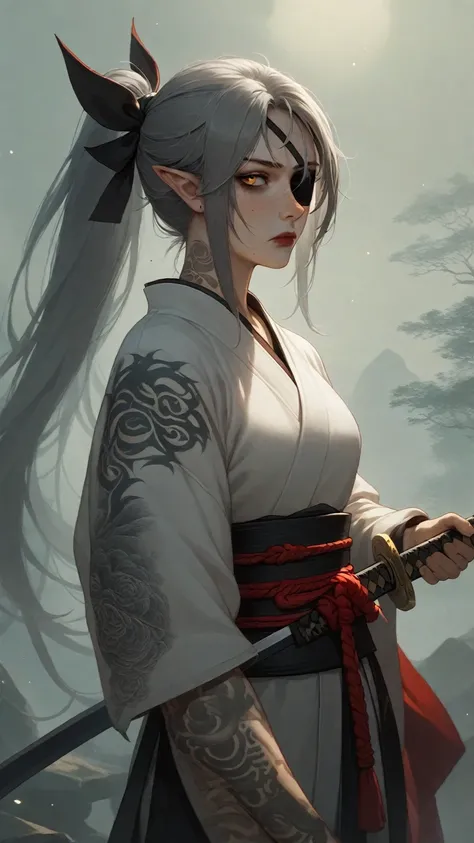 1girl, long hair, gray hair, ponytail, eye patch, kunoichi, samurai, beautiful, pointy ears, holding a katana, amber eyes, D&D, warlock, freckles, dark red lips, scar on eye, black tint on eye, white katana, nodachi, freckles on face, eyepatch, black tatto...