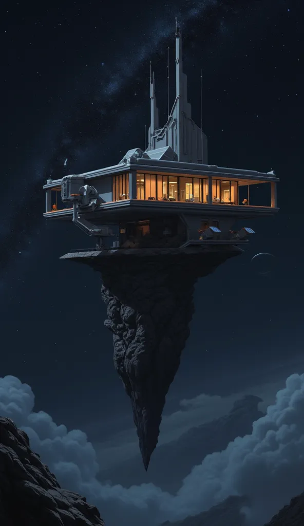 A beautiful house on a piece of rock floating in outer space. Dark 90s anime style