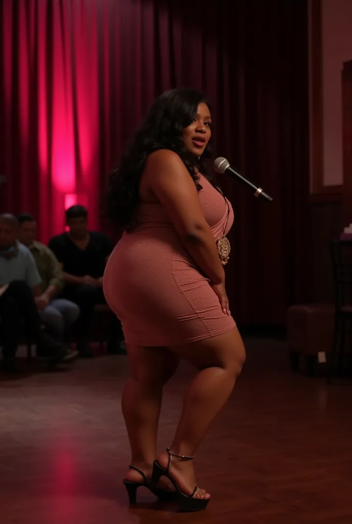 photo of a slender young black woman standing on stage at a comedy club, she is a comedian, she is on stage at a comedy club holding a mic. she is looking over her shoulder, stunningly attractive face, view from behind, slim female with a skinny waist, wea...