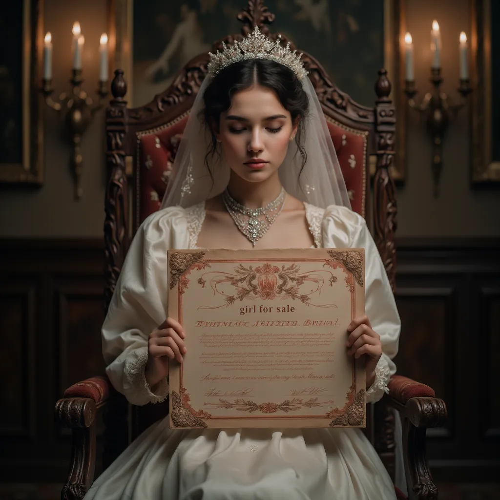 Innocent half-naked 18 year old English bride, wearing bridal headdress and religious robes, sad, sitting in ornate throne in a torch lit chapel, presenting a large fancy royal certificate with beautiful calligraphy and rose gold inlay. (Painted above the ...