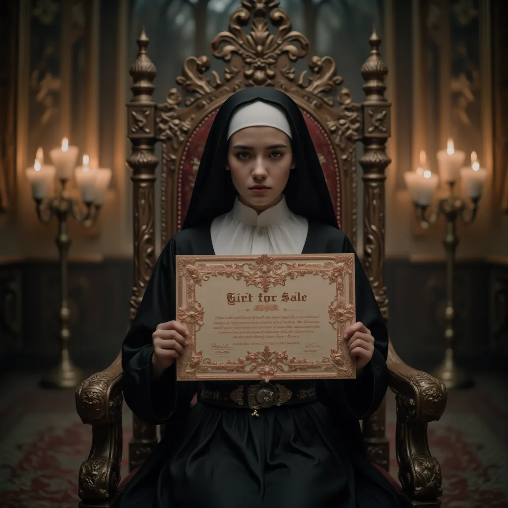 Innocent half-naked 18 year old English nun, wearing nun headdress and religious robes, sad, sitting in ornate throne in a torch lit chapel, presenting a large fancy royal certificate with beautiful calligraphy and rose gold inlay. (Painted above the thron...