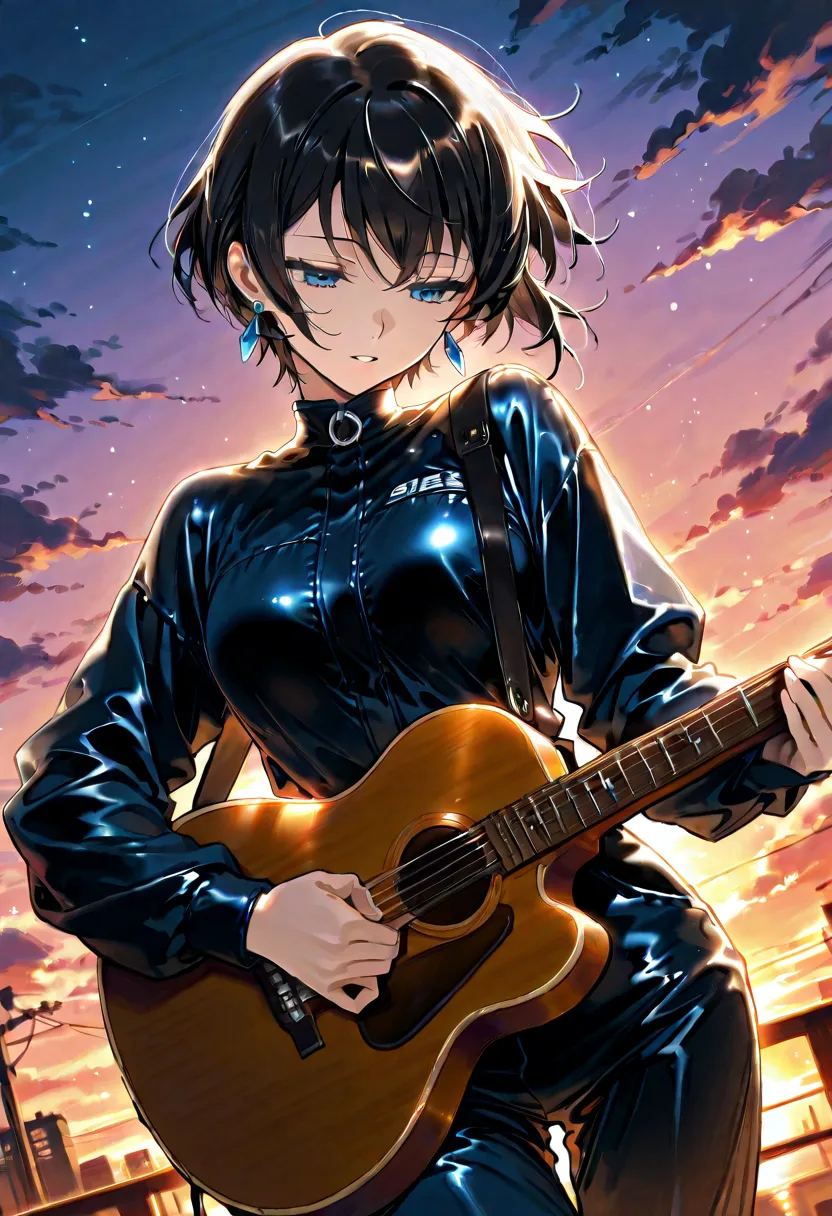 score_9, score_8_up, score_7_up, source_anime, 1girl, blue eyes, earrings, short hair, black hair, solo, parted lips, looking down, black silk and stylish jumpsuit, ((playing the acoustic guitar)), (masterpiece, sunset background, dynamic angle, highly det...