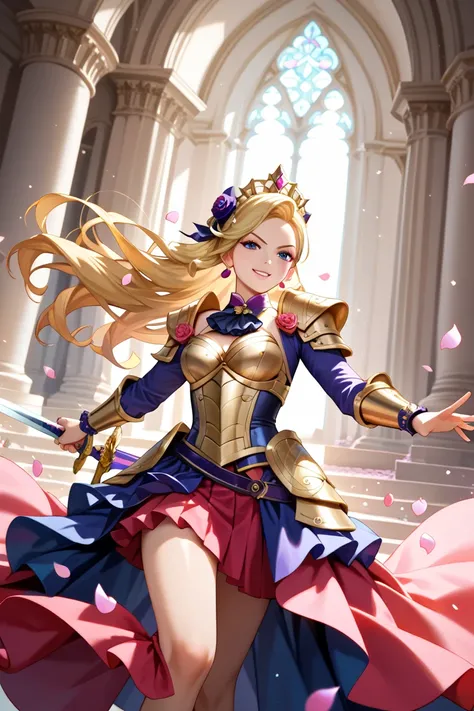 A female swordsman wearing luxurious Western-style golden armor wields a sword and is waging a fierce battle, is fighting,(Teddy bear on the side ),Surrounded by gorgeous flowers , Petals dance , Dynamic Composition,THRILLING ACTION,Warm Light,  sparkling ...