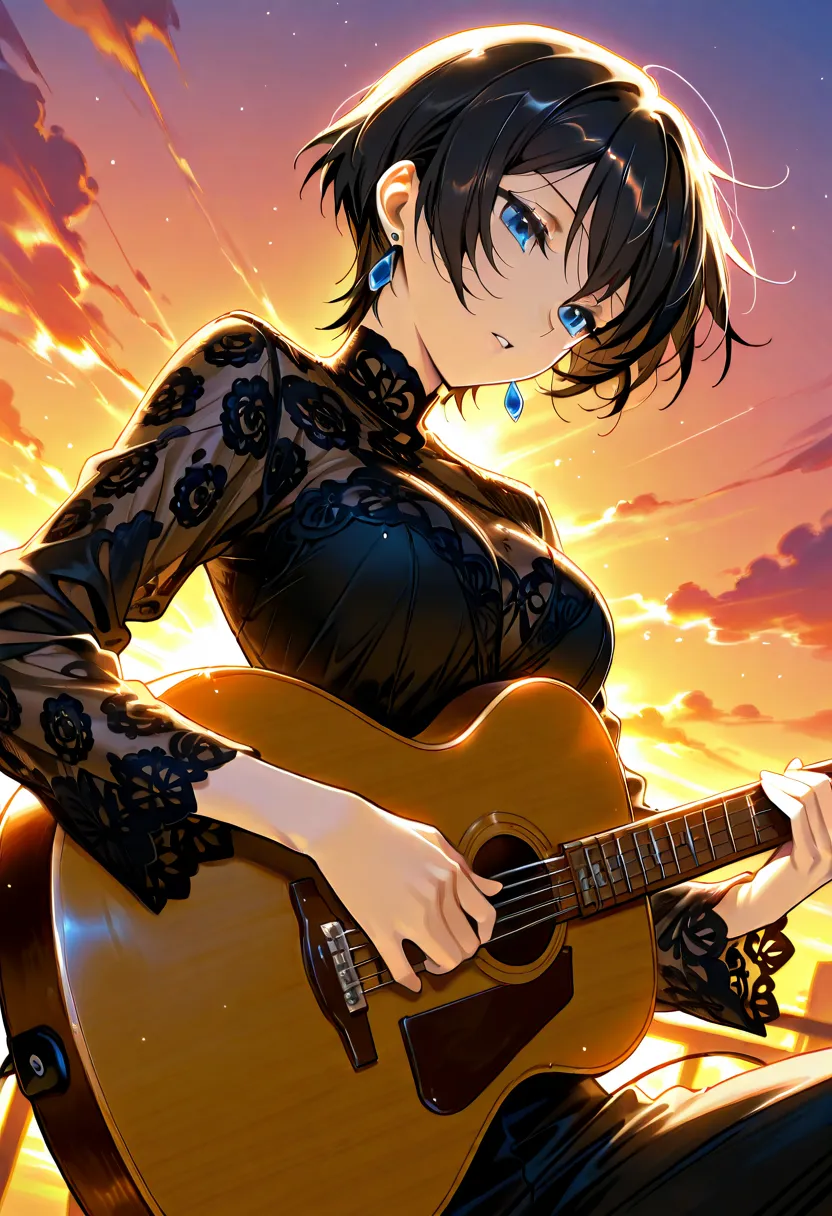 score_9, score_8_up, score_7_up, source_anime, 1girl, blue eyes, earrings, short hair, black hair, solo, parted lips, looking down, black silk and lace jumpsuit, ((playing the acoustic guitar)), (masterpiece, sunset background, dynamic angle, highly detail...