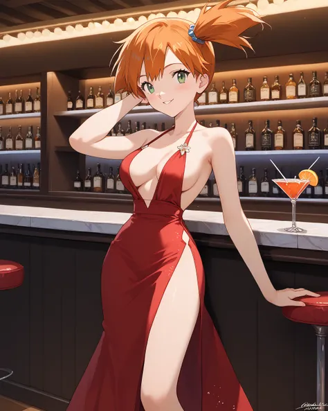 1girl, Mit, green eyes, orange hair, bangs, side ponytail, hair tie, short hair, score_9, score_8_up, score_7_up, source_anime, solo, cocktail dress, halter dress, plunging neckline, center opening, side slit, high-waist sideboob, high heel sandalette, bar...