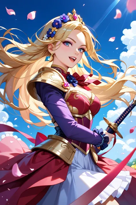 A female swordsman wearing luxurious Western-style golden armor wields a sword and is waging a fierce battle, is fighting,(Teddy bear on the side ),Surrounded by gorgeous flowers , Petals dance , Dynamic Composition,THRILLING ACTION,Warm Light,  sparkling ...