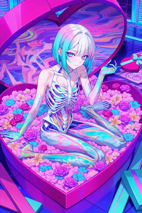 cool beauty, gradation color hair, slender body, sit in Heart-shaped object , Japanese exotic fashion, tropical motif room, neon color, Vaporwave, girl in the Heart-shaped box,