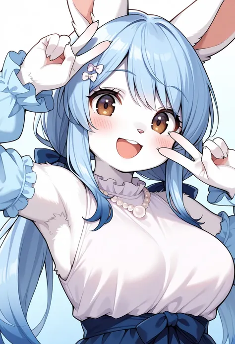 1girl, (furry, kemono:1.4), rabbit girl, animal nose, rabbit ears, solo, detached sleeves, blue hair, smile, long hair, twintails, open mouth, v, brown eyes, looking at viewer, upper body, double v, necklace, jewelry, dress, :d, breasts, low twintails, sle...