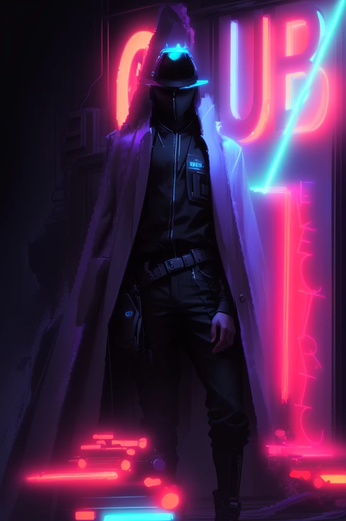 a close up of a person standing in front of a neon sign, drawn in a neo - noir style, neon noir, by Jack Boul, laser wip, full portrait of electromancer, inspired by Syd Mead, glowing lights! digital painting, 