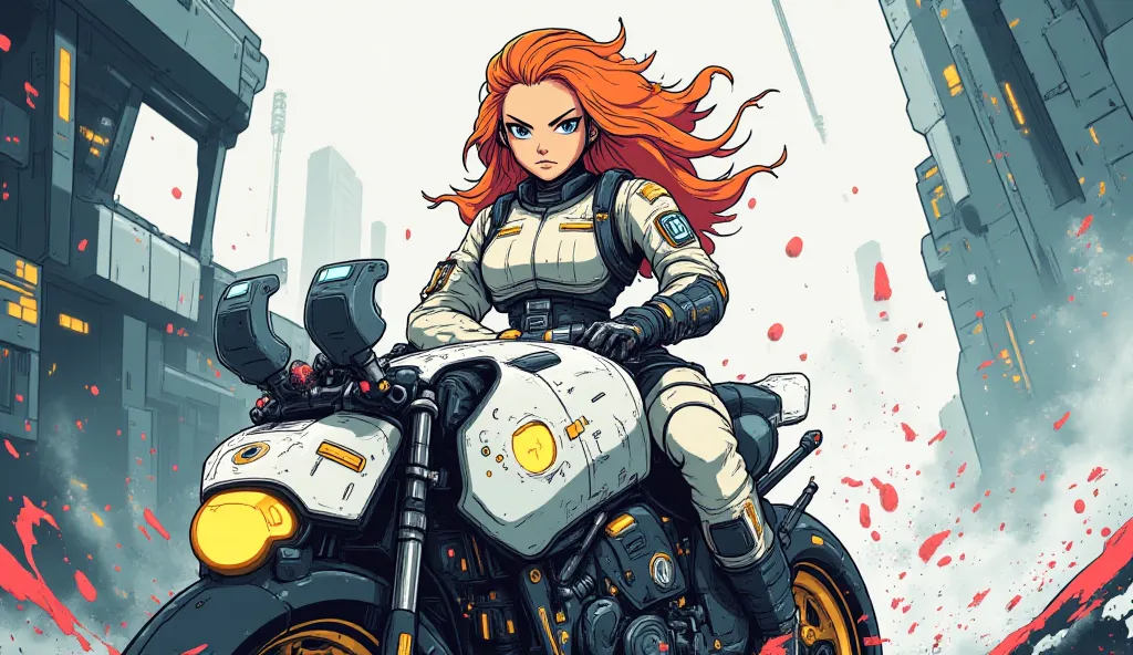 a grown up female pilot with red hair sitting on a motorbike