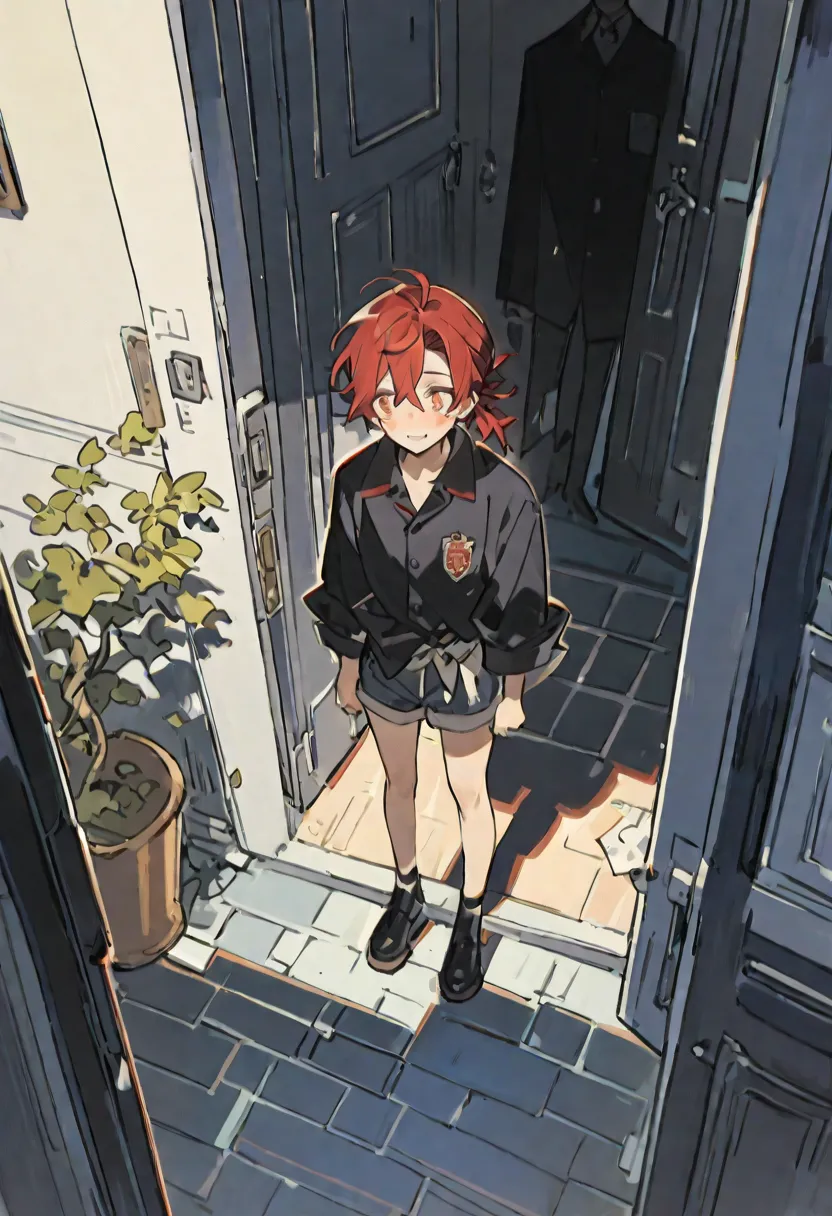 Artist: starshadowmagician, 1 person, standing in front of a door ((man)) ,  slim figure, Clothes showing shoulders, boyfriend shirt, desperate face ,  red hair tied, A smiling boy standing in front of the,  high school students, 177cm,  long legged , dail...