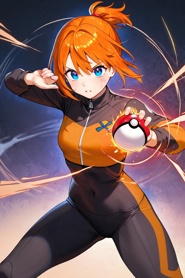 a drawing of an anime-style female mannequin throwing a Pokébola, short orange hair with a small ponytail,  She looks full-bodied, Add a fish eye effect to the