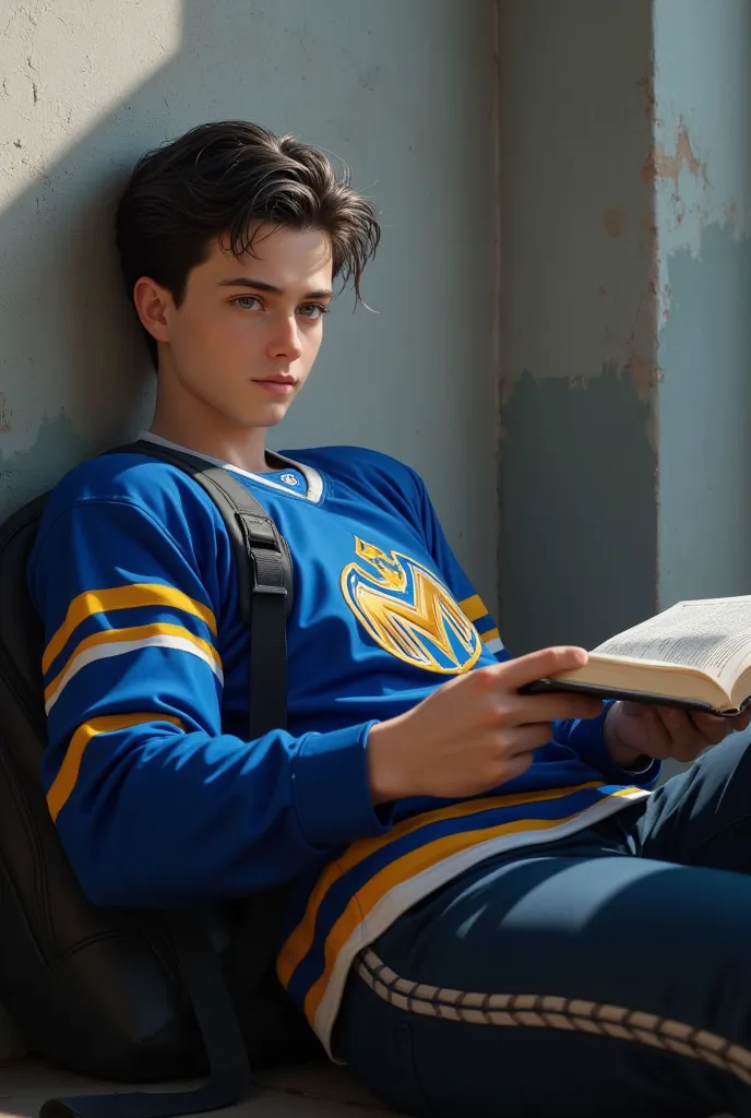 19-year-old Russian man, 1.84 meters tall, broad-shouldered and pale-skinned. His hair is black, short and disheveled. His eyes are an almost blue-green. He wears a royal blue and gold-yellow hockey jersey with the letter M on the front. One hand holds the...