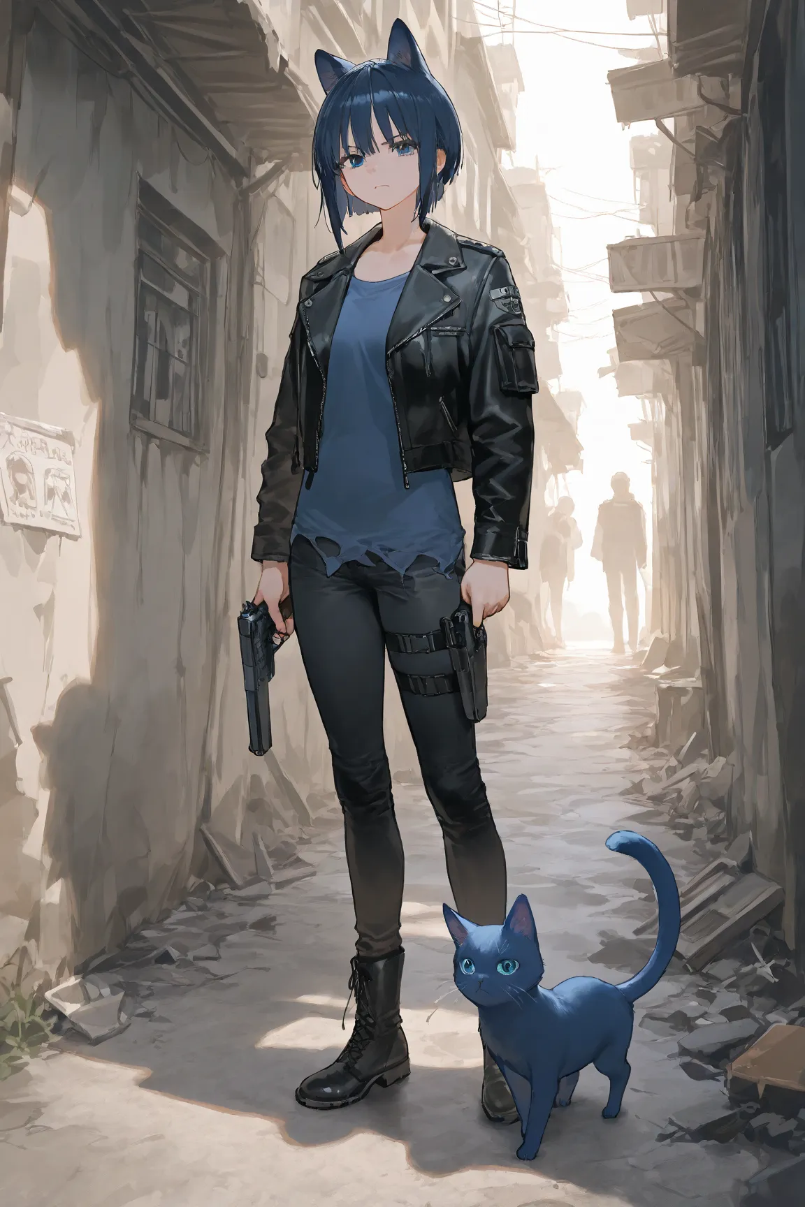 (Cubi: (short dark blue hair, blue kitten ears, pink interior kitten ears, woman, 1woman, one woman), (small breast)), (dark leather jacket, blue shirt, black pants, black military boots), hold a handgun,, BREAK, , ((destroyed city outdoor, dark ambience))...