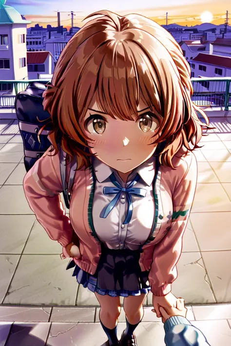 TOP QUALITY, masterpiece, high definition, Alone, Hanami Yume _Gakuen Idolmaster, Medium Short Hair, orange-brown hair, brown eyes,  height 158 cm, 1 girl,  high school uniform,  serious expression, larger breasts, school bag, first-person perspective, Hig...