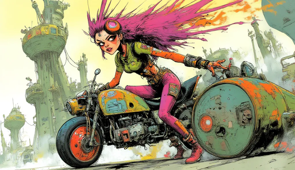 a grown up female pilot with red hair sitting on a motorbike