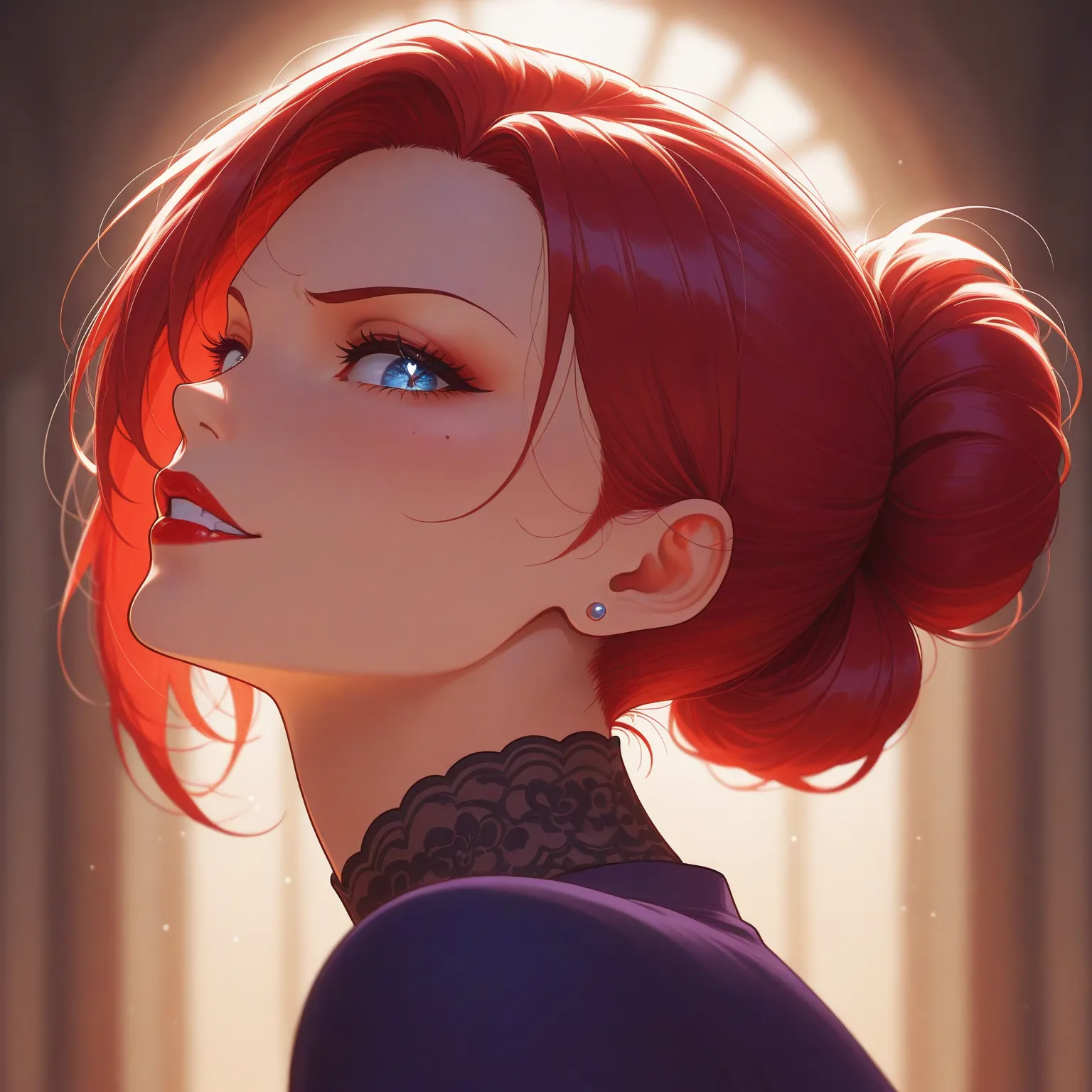 anime-style illustrations, Anime Beauty, 1 mature woman, a bewitching MILF, solo, 30yo, huge breasts, face focus, Tilt your head back, sneer face, look up, looking down at the viewer, Short red hair, forehead, arched eyebrows, double eyelids, sparkling nav...