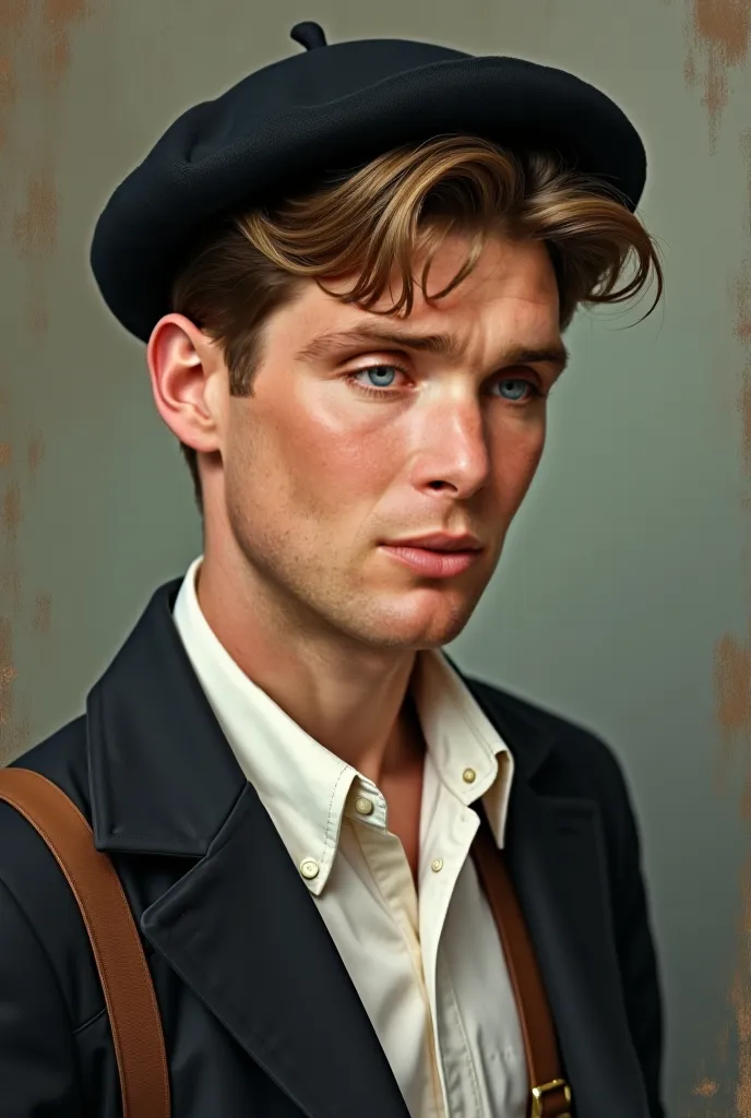 Create an oil on canvas-style portrait of a handsome young man from the 1940s, reminiscent of a young Cillian Murphy. He has fair skin, sharp cheekbones, and piercing blue eyes that convey a mix of intensity and vulnerability. His light brown hair is neatl...