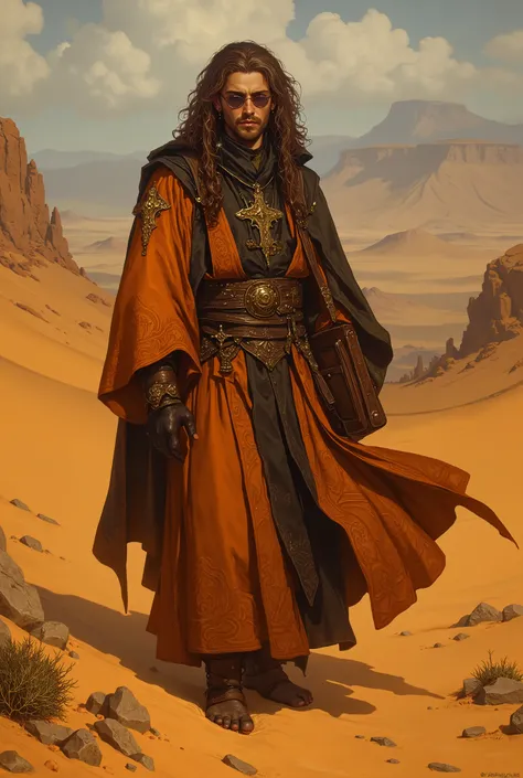 a man with long brown curly hair, concept art of a monk, d&d dark sun character art, image of a male cleric, reading glasses, orange and black dress,male, rpg concept art character, feng zhu concept art, d&d Bedouin portrait, rpg character concept art, con...