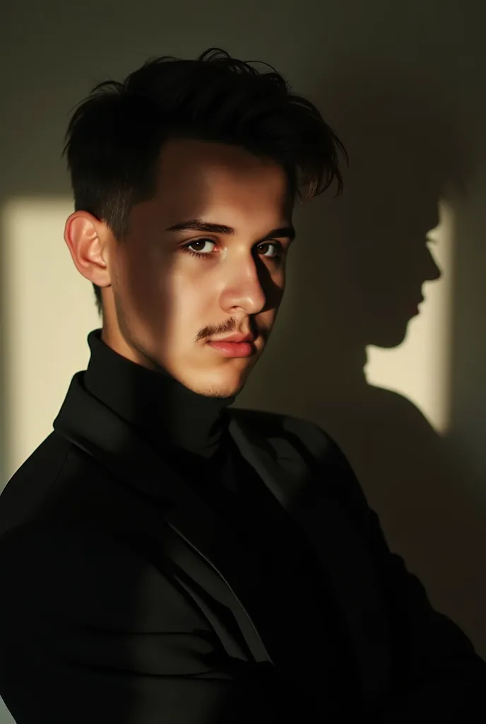 A young and sophisticated man, with a serious expression and a light touch of mystery, captured in an elegant and cinematic setting. The lighting is dramatic and well directed,  creating a strong contrast between light and shadow ,  highlighting her striki...