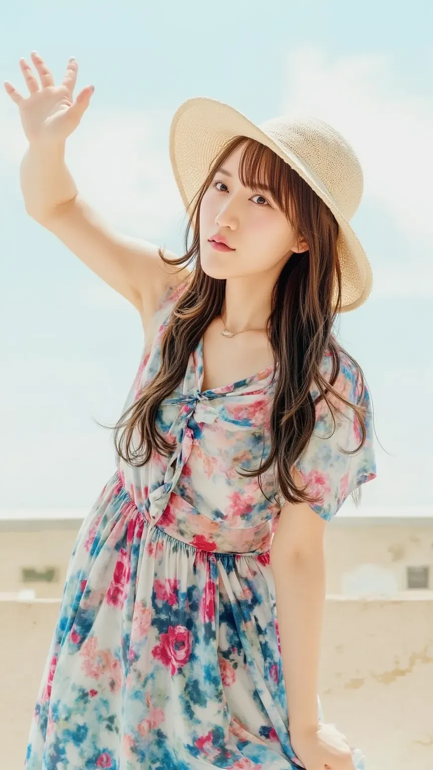 「a woman wearing a big hat、jumping with Hilari with one hand while、is blown by the wind and takes a playful pose。Her hair flows lightly、playing energetically in the bright sunlight。」
