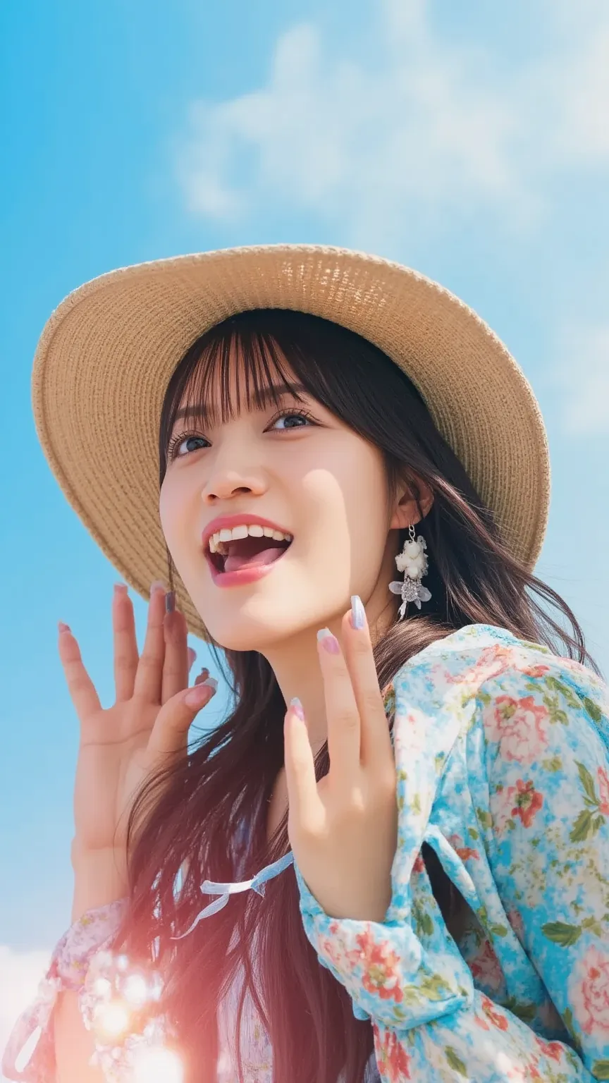 「a woman wearing a big hat、jumping with Hilari with one hand while、is blown by the wind and takes a playful pose。Her hair flows lightly、playing energetically in the bright sunlight。」
