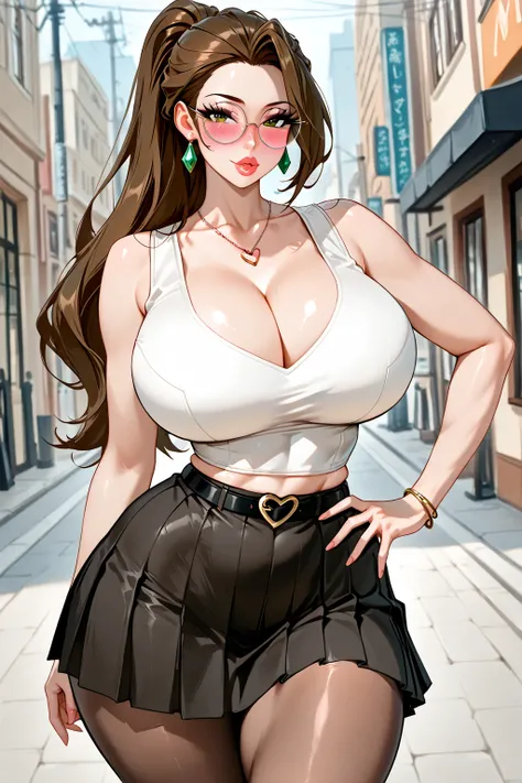 An anime girl with long straight brown hair, ponytail, neat hair, big breasts, very thick thighs, very big hips and ass, thin waist, thicc, curvy, voluptuous body, sexy,  milf, white sleeveless crop top, black pleated tight skirt, black belt, pantyhose, in...