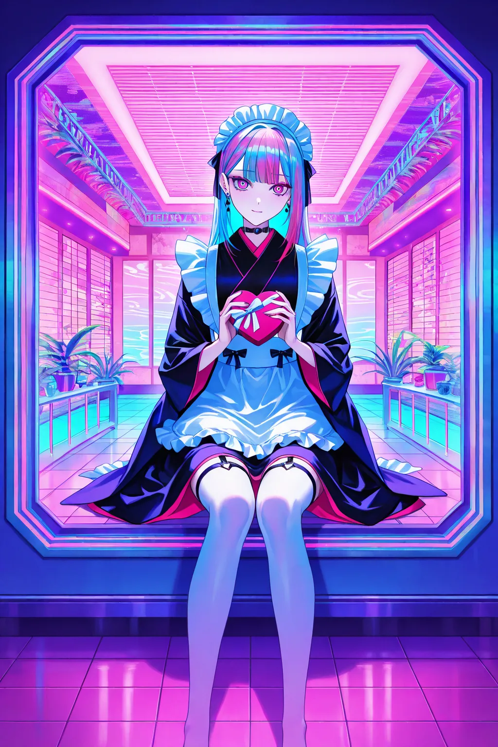 cool beauty, gradation color hair, slender body, sit in Heart-shaped object , Japanese maid exotic fashion, tropical motif room, neon color, Vaporwave, girl in the Heart-shaped box,