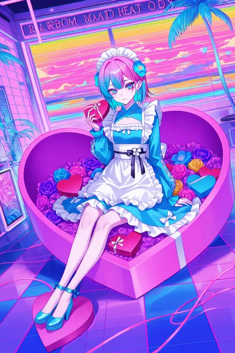 cool beauty, gradation color hair, slender body, sit in Heart-shaped object , Japanese maid exotic fashion, tropical motif room, neon color, Vaporwave, girl in the Heart-shaped box,