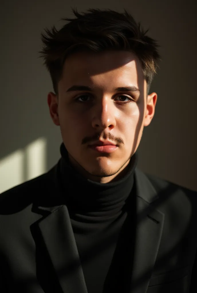 A young and sophisticated man, with a serious expression and a light touch of mystery, captured in an elegant and cinematic setting. The lighting is dramatic and well directed,  creating a strong contrast between light and shadow ,  highlighting her striki...