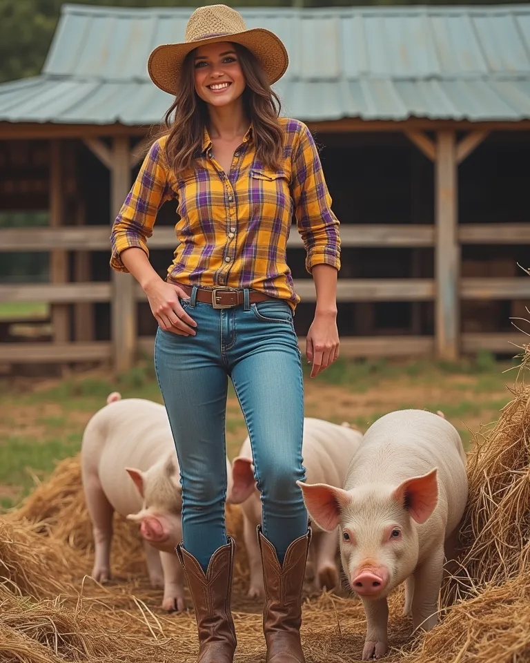 A beautiful Brown haired smiling Farm Girl Barely 18 years old in a Playboy centerfold pose. wearing a straw hat  hat and cowboy  boots, with a blue jeans unbuttoned and unzipped. Yellow and purple tartan  shirt.  Standing beside piles of hay and some pigs...