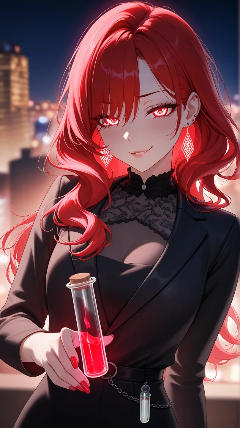 *A dark and moody digital painting of a woman with piercing, hypnotic eyes and a knowing smirk. She exudes an aura of danger and allure, dressed in a sleek black outfit with hints of deep red—like the color of poison or blood. Her lips are painted a seduct...