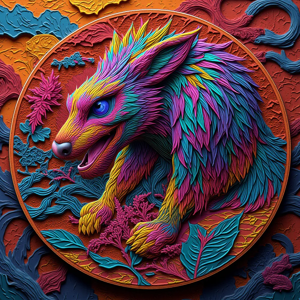 NFT 3D woodcut colorful flashy animal 