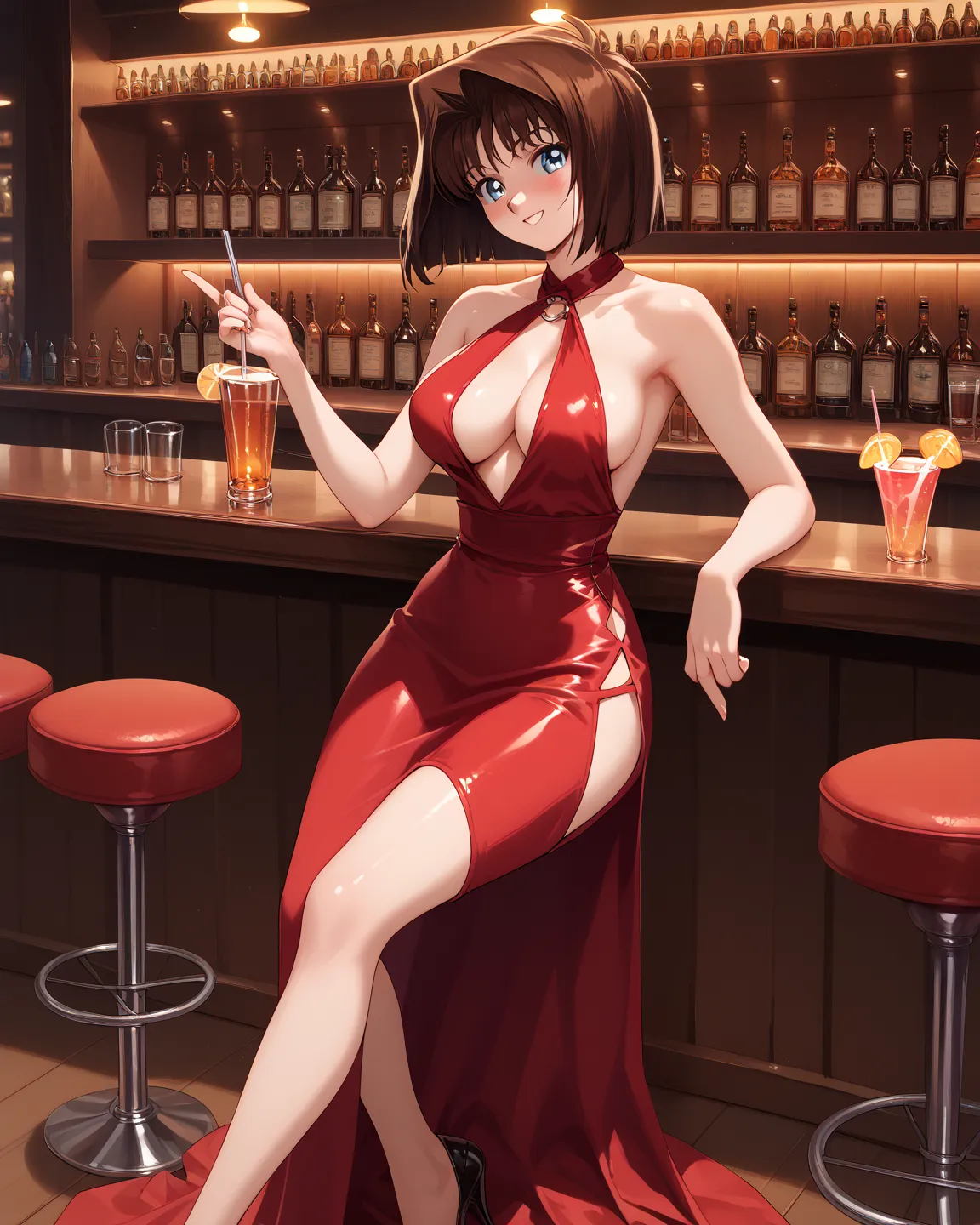 anzu m, brown hair, short hair, blue eyes, large breasts, score_9, score_8_up, score_7_up, source_anime, solo, cocktail dress, halter dress, plunging neckline, center opening, side slit, high-waist sideboob, high heel sandalette, bar, one hand on own head,...