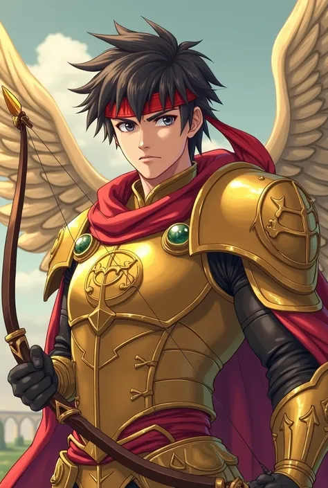 24 year old mature man, tez blanca, very thin build, grey-eyed, serious expression,  short black hair, dressed completely in shining golden armor of the Sagittarius sign, with large golden wings. Holding in his hands a bow and arrow, You have a red ribbon ...