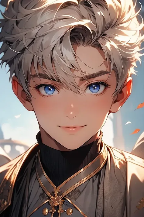 [masterpiece, ,  naturally handsome] handsome male  boy, [[]], platinum blonde short hair, deep platinum eyes, handsome face, handsome countenance, adventurer outfit, [captivating smile, handsome and cheerful countenance, reflective eyes]