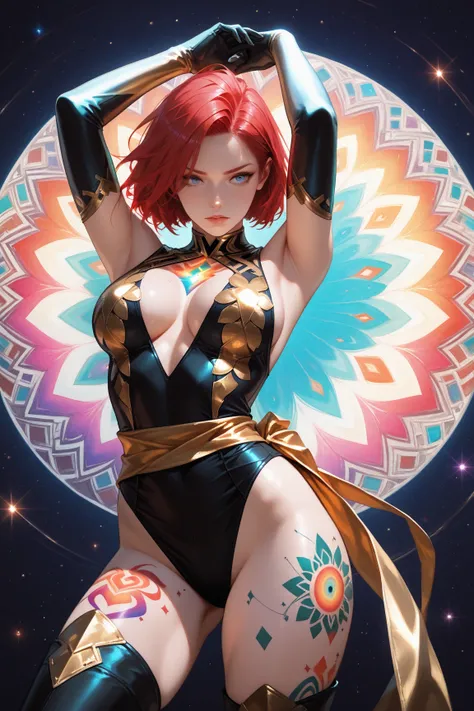 Semi-realistic, photographic masterpiece, 1girl, solo, JeanGrey, redhead, Black and gold bodysuit, elbow gloves, thigh highs, sash, high leg cut out unitard, boob window in unitard, ((thighs showing)), ((calf-high boots)), (color mandala tattoos on thighs:...