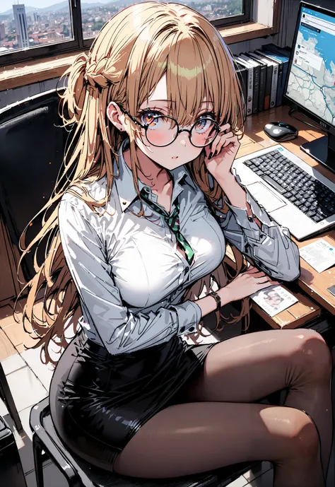  score_9,  score_8_up,  score_7_up,  source_anime, Asuna Yuki ,  long hair, Hair,brown eyes, bangs,Medium breast,,half updo, suit, pencil skirt,  jacket,  shirt,black pantyhose,Stiletto Heels,Glasses, sitting on a chair with legs crossed, Interior , comput...