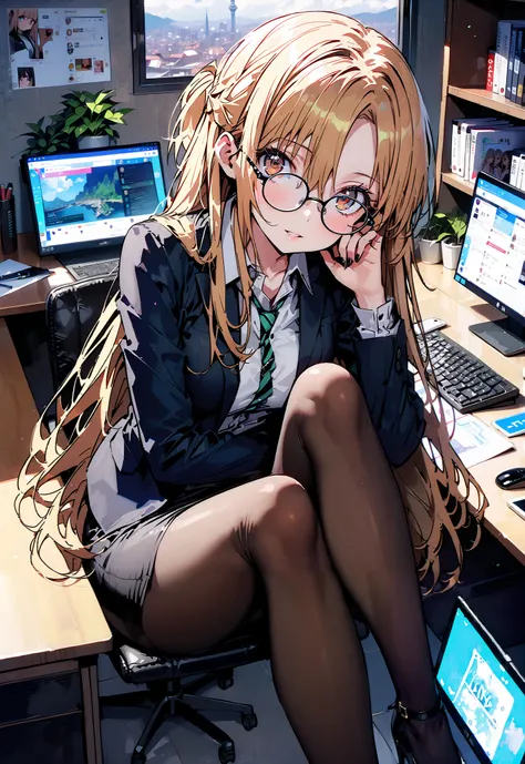 score_9, score_8_up, score_7_up, source_anime, Asuna Yuki , long hair, Hair,brown eyes, bangs,Medium breast,,half updo, suit, pencil skirt, jacket, shirt,black pantyhose,Stiletto Heels,Glasses, sitting on a chair with legs crossed, Interior , comput...