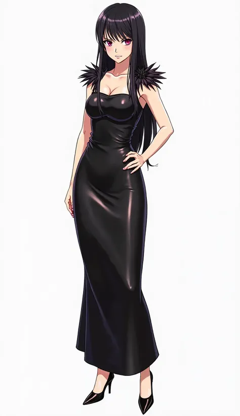 Japanese anime ager with long straight black hair and intense magenta eyes and wears a tight and elegant black dress, of shiny satin leather fabric with thick sleeveless straps.  The dress is long cut , with a fitted design at the waist and a square neckli...