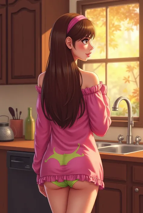 Mabel Pines, 1 girl, , long brown hair, in the kitchen preparing a tea, wearing a very short nightgown, visible bra and lime green underwear, rear shot, realistic, realistic digital art, suspenseful look. Mabel Pines from the anime Gravity Falls, 3D, hyper...