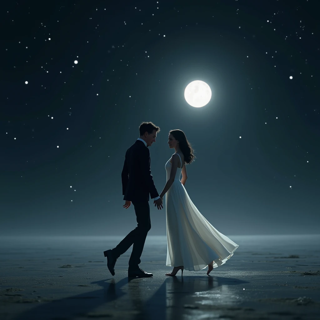 the two characters identical to the one in the photo, They're dancing on a moonlit night, stars, Does he wear a black suit, She is in a long white dress