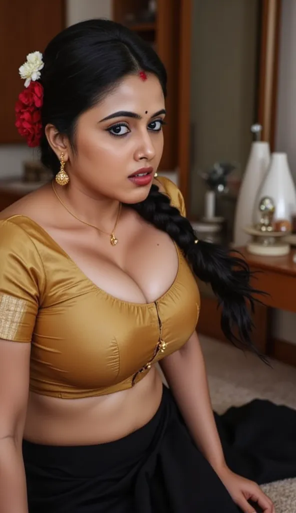 Pov camera view, Indian milf on her knees, looking at camera, with lust in her eyes, black hair tied around, flowers in head,sandal mark on forehead, sindhur on forehead (vermilion mark on forehead in the middle of hair partition,black saree , dark red lip...