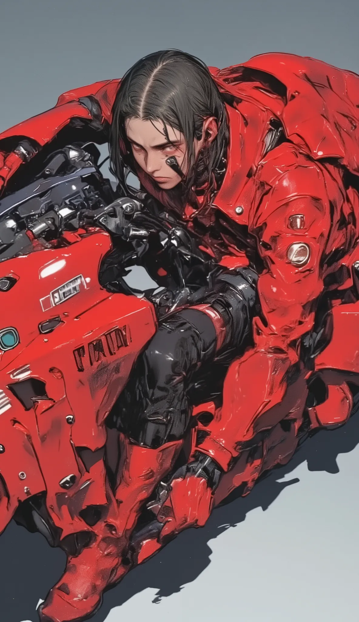 shot from above、Akiraのバイク、motorcycle poster with red design, Akira's motorcycle, Akira motorcycle, Akira art style, Akira japanese art, Akira artstyle, Akira vibes, 19xx :2 Akira movie style : 8, Akira style illustration, Akira, Akira moto, in the style of...