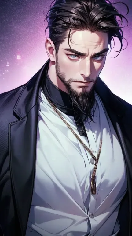 (  idiot,4K,8k,   highres,  masterpiece:1.2),   ultra-detailed,(Realistic,photoRealistic,photo-Realistic:1.37),36-year-old man,3 day beard,cute anime ,Portraits,strong,masculine,   dark hair,sharp jaw,      mesmerizing eyes      ,   perfectly combed hair, ...