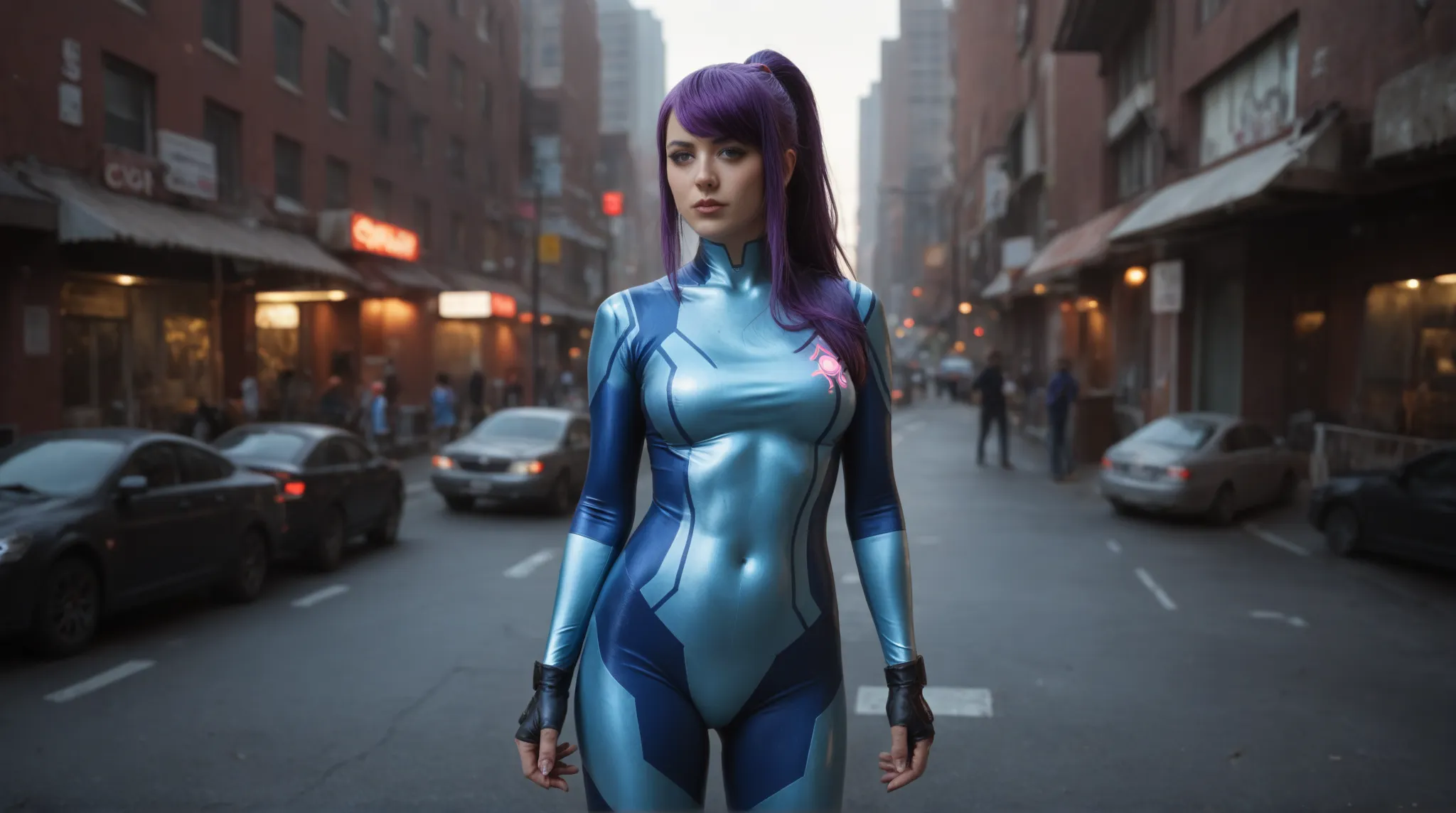 Ella Purnel with black and purple hair, bangs, dressed as zero suit samus cosplay with gloves in post-apocalyptic city street