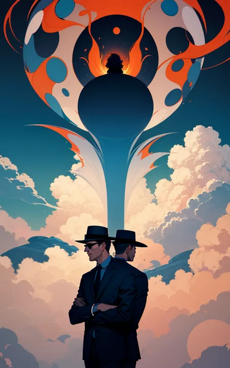 Two identical men in stylish suits and hats, each holding a hookah, surrounded by vibrant clouds of smoke. The left man is enveloped in cool blue and white smoke, while the right man is surrounded by warm orange and white smoke. Both wear sunglasses and ha...