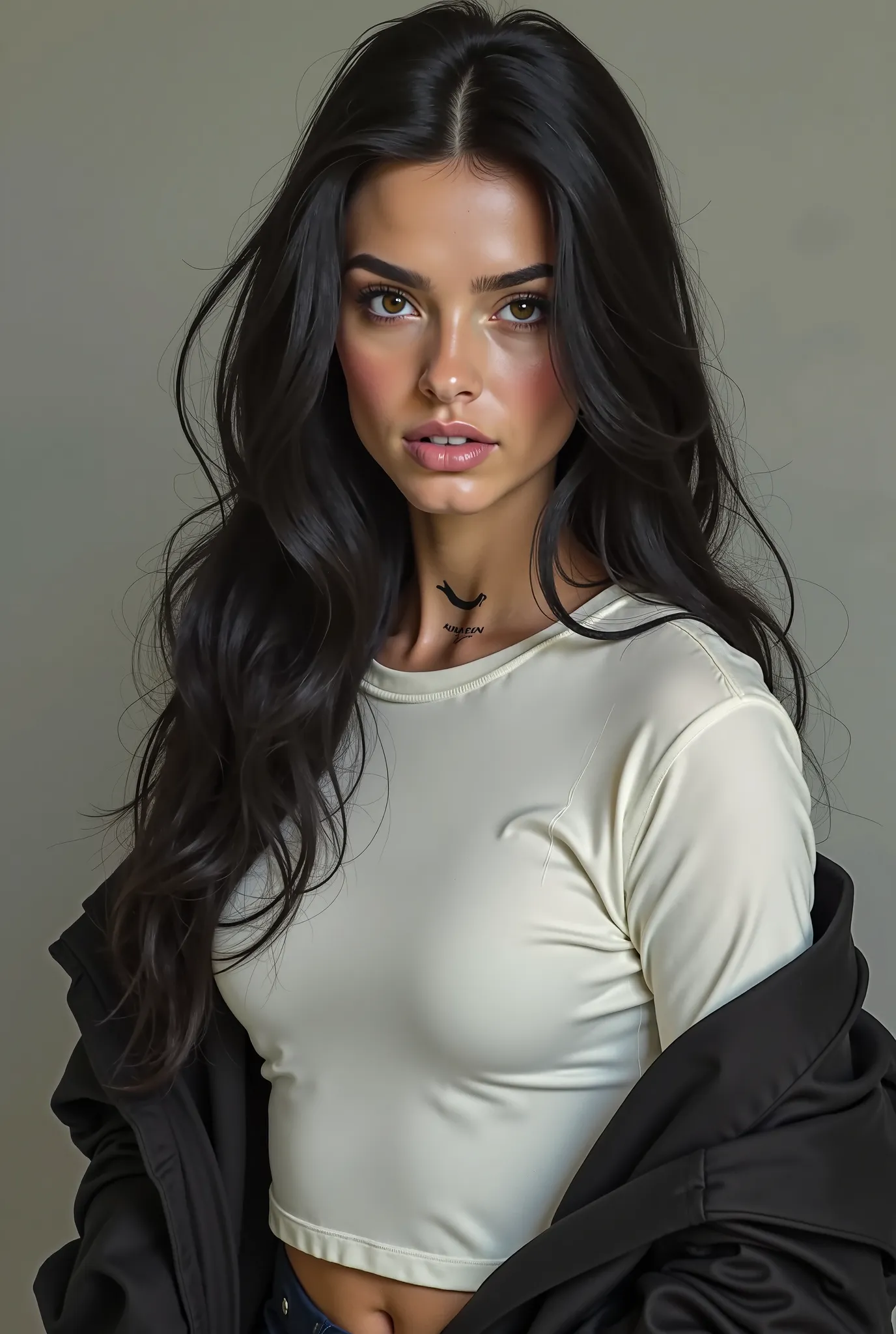 Young europe woman with long black hair. She have white t shirt and black sweathsirt. She light brown eyeshadow and have long eyelashes. She have tattoo on the neck